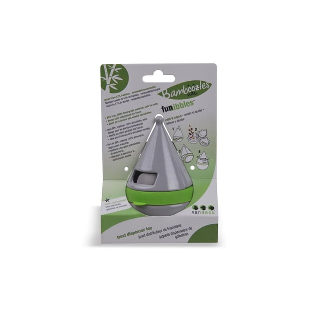 Bamboozle Cat Toy by Van Ness, a grey and green teardrop-shaped treat dispenser made from 47% bamboo, designed to keep cats entertained and mentally stimulated by releasing treats with adjustable difficulty.