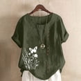 thumbnail image 2 of Pisexur Hauts pour Femmes Décontractés en Lin Col Rond Grande Taille Imprimé Manches Courtes T-shirt Blouse, Hauts d'Été pour Femmes Vert Armée, 2TG, 2 of 4