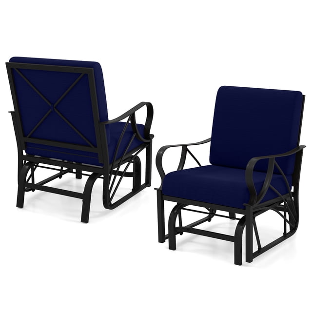 Gymax 2PCS Patio Glider Chair Single Outdoor Rocking Chair w/ Seat & Back Cushions Navy