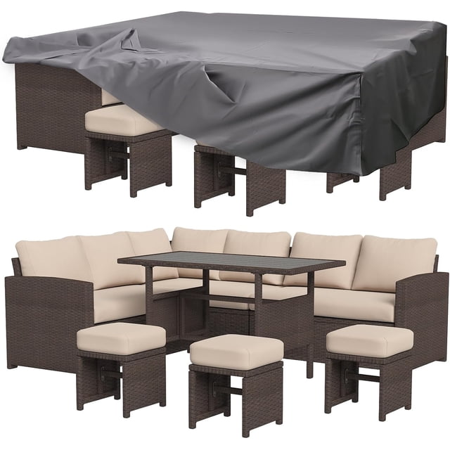 AECOJOY 7 Pieces Patio Furniture Set in beige, featuring a sectional sofa, three corner loveseats, three ottomans, and a large table with a wood plastic composite surface. The set includes thick beige cushions with fade-resistant polyester fabric and a custom protective cover. Made with hand-woven PE rattan, this outdoor conversation set is lightweight and versatile, suitable for patios, balconies, or gardens.