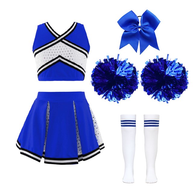Aislor Robe de Cheerleading pour Filles Enfants Tenue d'Uniforme de Cheerleader et Couvre-Chef Ensemble de Chaussettes à Pompons Bleu Ciel Complet 4