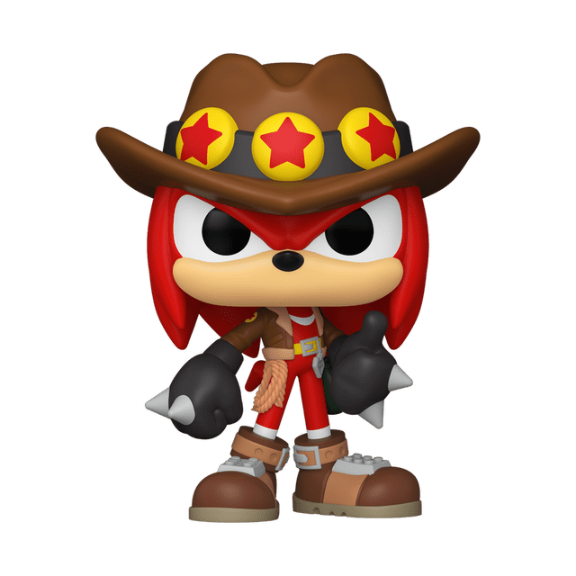 Funko Pop! Games: Sonic The Hedgehog - Treasure Hunter Knuckles Vinyl Figure showing a front-facing red echidna character wearing a brown cowboy hat with three yellow stars, brown jacket, red pants, black gloves with silver spikes, and brown boots with silver buckles. This vinyl figure stands over three inches tall and is suitable for action figure collections and display.