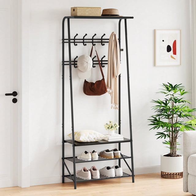 Hall Tree with Single/Double Row Coat Hooks, 23.6inch/39.3inch Wide Shoe Storage Bench and Top Shelf, Entryway Organizer for Hallways or Bedrooms, Industrial Rustic Coat Rack with Bench, Black/Gray