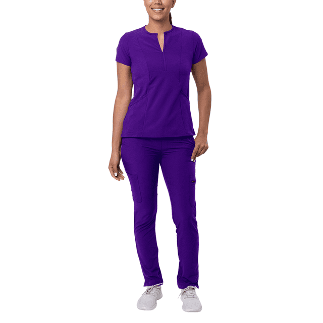 Adar Addition Go-Higher Scrub Set For Women - Notched V-Neck Scrub Top & Skinny Cargo Scrub Pants