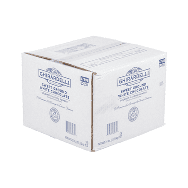 Ghirardelli 25 lb de Poudre Aromatisée au Chocolat Blanc Sucré dans une Boîte d'Emballage en Vrac. la Boîte Affiche le logo Ghirardelli et les Détails du Produit, Parfaite pour les Mélanges de Boissons en Vrac, les mochas Blancs, les Produits de Boulangerie et les Boissons Spécialisées. Idéale pour les Boulangeries, les Cafés et les Cafés.