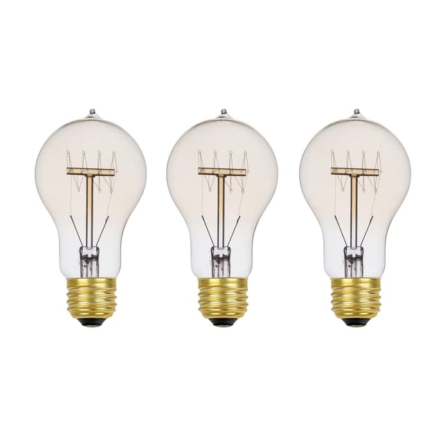 60W Vintage Edison A19 Quad Loop Incandescent Filament Light Bulb 3-Pack with E26 base, showing three clear glass bulbs with visible tungsten quad loop filaments and goldish amber tint, each with a standard medium screw base, suitable for vintage and exposed socket lighting.