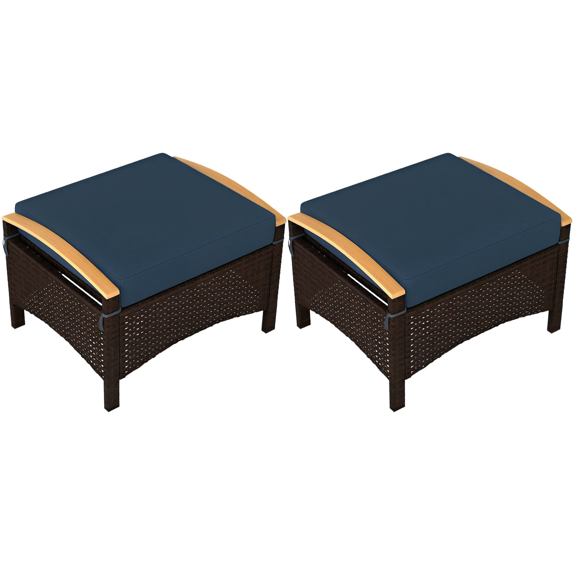 Outsunny Pouf Repose-Pieds d'Extérieur en Osier, 2 Pcs, Coussin Amovible, Bleu