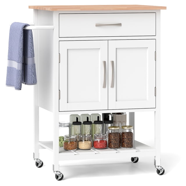 Gymax Chariot Îlot de Cuisine Roulant avec Tiroir Armoire de Rangement à 2 Portes Plateau Inférieur Blanc