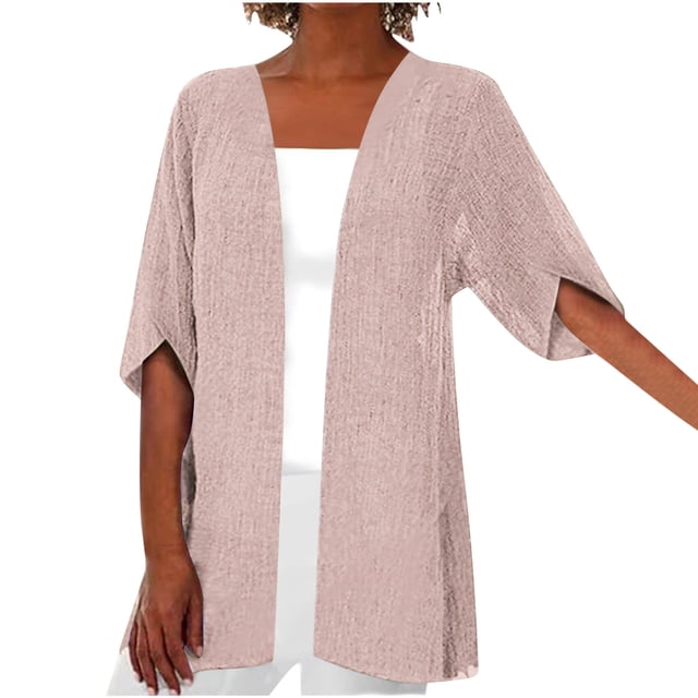 Penkiiy Cardigans pour Femmes Décontracté Court Manches 3/4 Cardigan en Lin Léger Ouvert Mince Automne Tendance Manteau m Rose