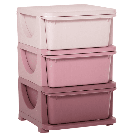 Qaba Organisateur de Jouets pour Enfants à 3 Niveaux avec 3 Bacs de Rangement en Plastique, Rose
