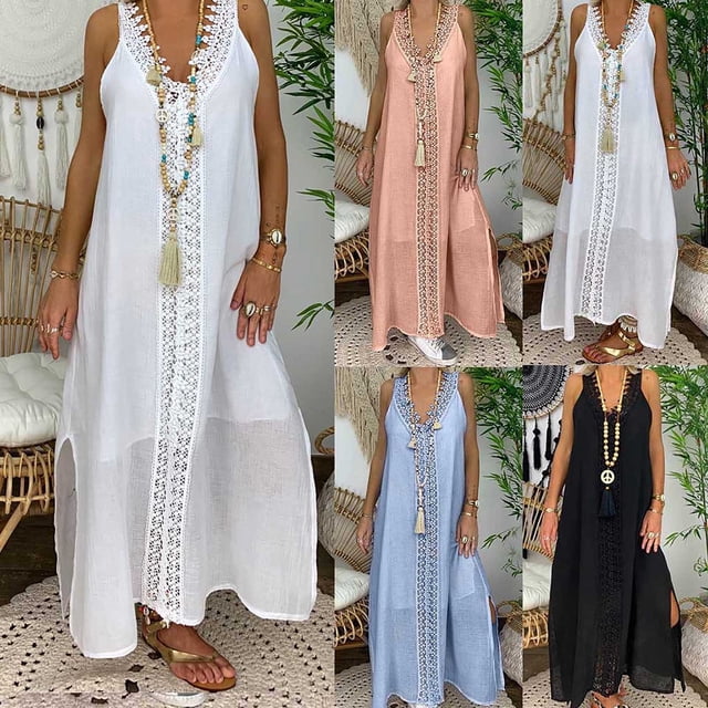 XZNGL Sleeveless Lace Patchwork Maxi Dress for Women, V-Neck, Plus Size, Lightweight Cotton Blend, Casual Beach or Party Wear, Elastic Waist Design