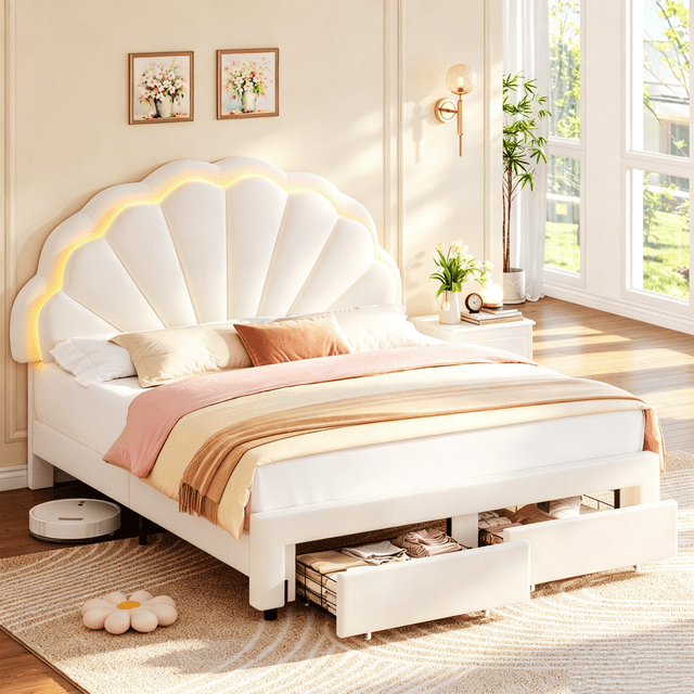 Homfa Full Size Bed Frame with LED Lights & Storage Drawers, Upholstered Platform Bed with Adjustable Petal Headboard, Off White Velvet
