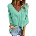 thumbnail image 2 of AherBiu 3/4 Length Sleeve Womens Tops Hollow Cable Knit Pullover Tops V Neck Loose Fall 2024 Blouses, 2 of 8