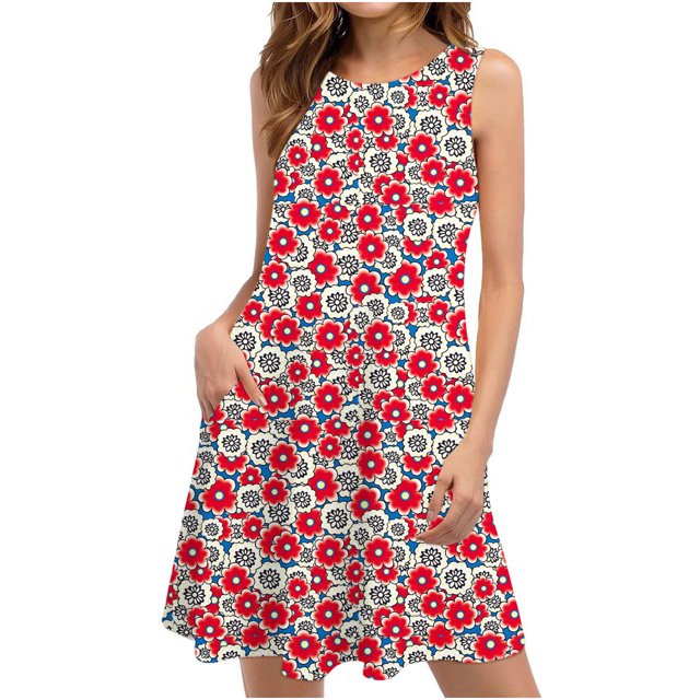 EGNMCR Robes d'Été Femmes Tendance 2024 Robes d'Été pour Femmes Plage Floral T-Shirt Robe Soleil Décontractée Poches Boho Robe Débardeur