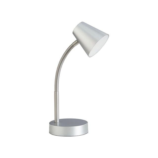 Mainstays Desk Lamp in silver metallic finish with a flexible gooseneck arm and conical shade on a round base, providing adjustable task lighting ideal for desks and workspaces.