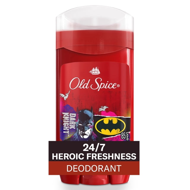 Old Spice Aluminum Free Deodorant for Men, 24/7 Freshness, Long Lasting Odor Protection, Smell Like a Hero, Batman, Black Cherry and Nightfall Scent, red plastic deodorant stick with clear cap featuring Batman graphic, Old Spice logo, and 85g weight, providing aluminum-free, long-lasting odor control in men's deodorant sticks.