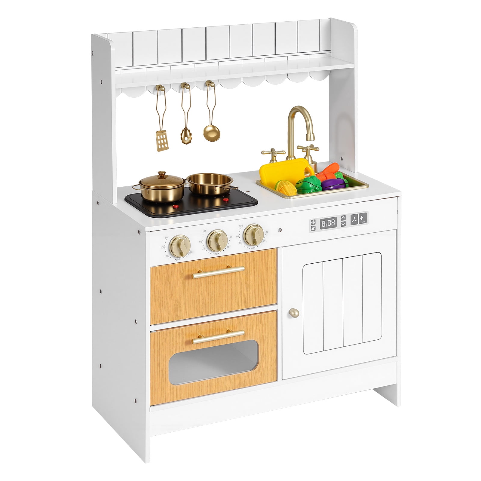 KFFKFF Play Kitchen for Kids, Wooden, Kids Kitchen Playset with Real Lights & Sounds, Food & Cookware Accessories, Pretend Play Toy Set, Sink, Oven, Stove, Cabinet, for Ages 3-8