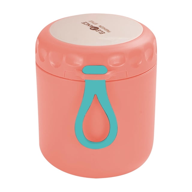 yulier Vacuum Insulated Food Jar, a stainless steel lunch box container with a wide mouth design, shown in coral pink with a teal handle. Features a sealed lid for leak-proof storage, keeping food hot or cold. Ideal for kids and adults for school, office, picnics, and travel.