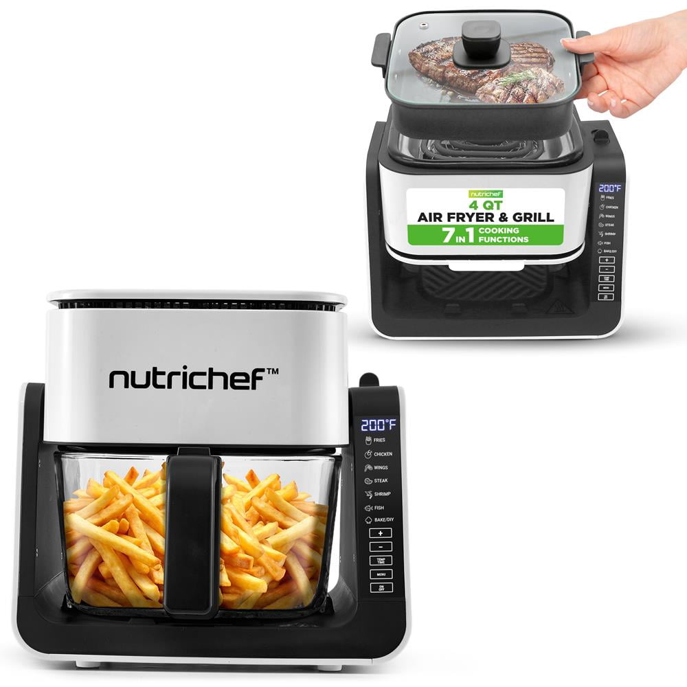 NutriChef 4 QT Air Fryer & Grill | 7-1 Preset Cook Modes | Transparent Fry Bowl for Best Cooking Results | Cook Shrimp, Steak, Fries, Wings & More | 4 QT Glass Air Fryer & 1.2 QT Grill | White