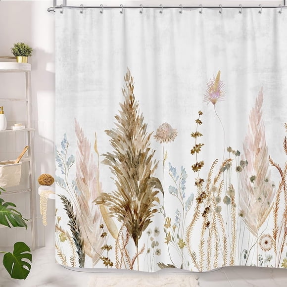 Rideau de Douche Feuilles Bohème Rustique - Herbe de la Pampa Aquarelle Beige Crème, Fleur Botanique Vintage Beige sur Tissu en Planches de Bois, 72x72 Pouces, Parfait pour une Déco de Bain Florale Chic de Style Ferme