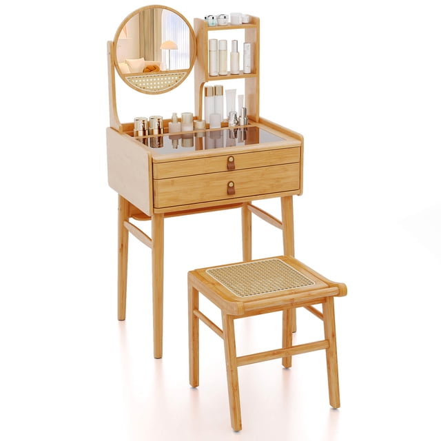 Costway Ensemble de Table de Maquillage Compact de 23,5 Pouces avec 2 Tiroirs Étagères de Rangement Ouvertes Tabouret de Coiffeuse
