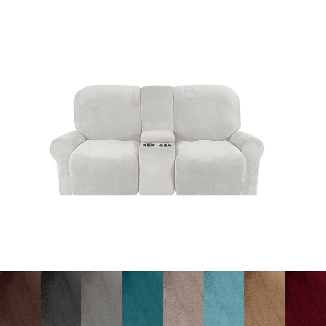 CHOK 2024 Housse de Causeuse Inclinable avec Console Centrale Housse Extensible en Velours pour Fauteuil Inclinable 2 Places avec Porte-Gobelet