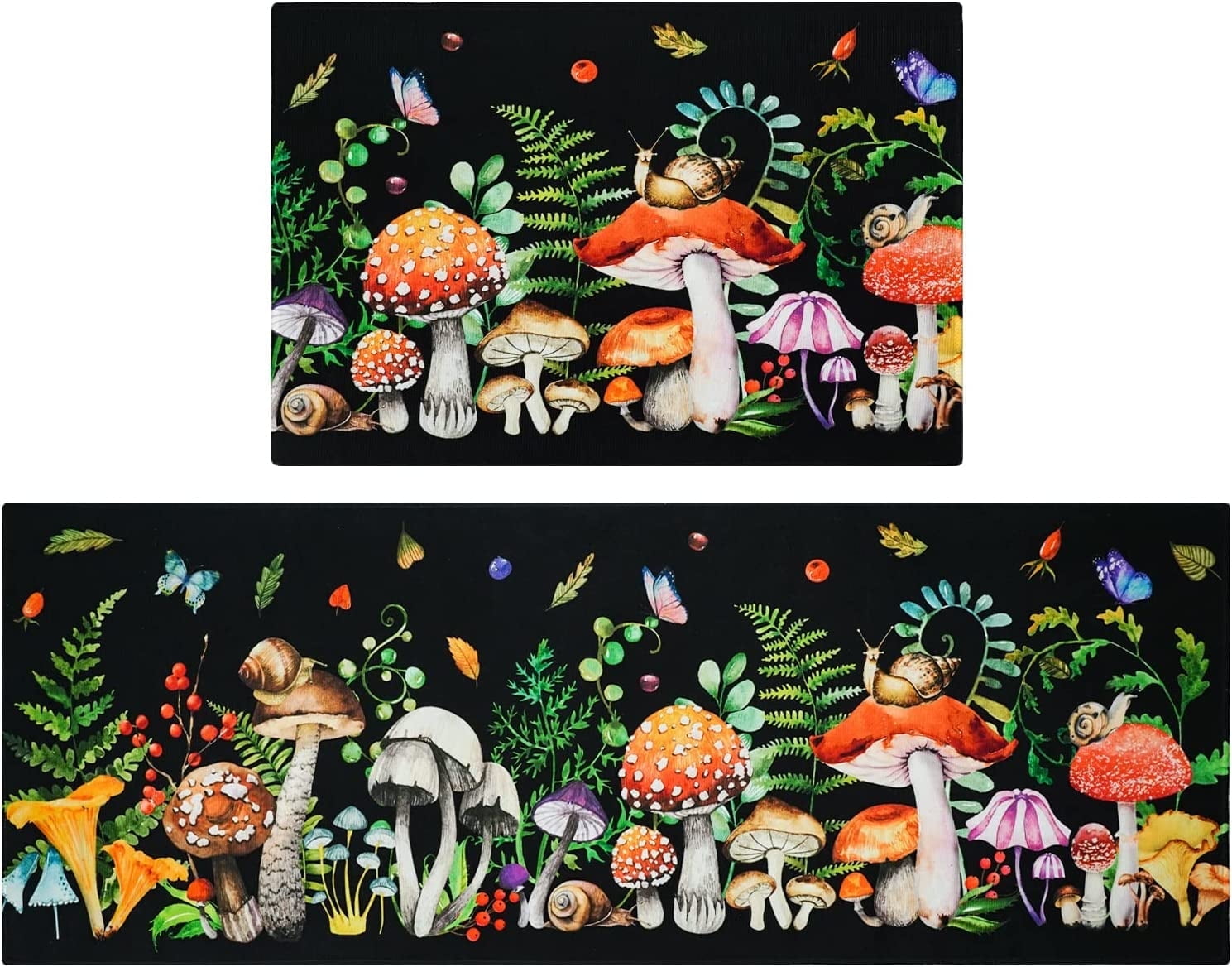 Tapis et Carpettes de Cuisine Mignons avec Champignons Rouges et Escargots, 2 Pcs, Tapis Coureur Antidérapant Rembourré pour Cuisine Bohème, Évier, Buanderie, Salle de Bain, Déco Maison, 17x24+17x48 Pouces