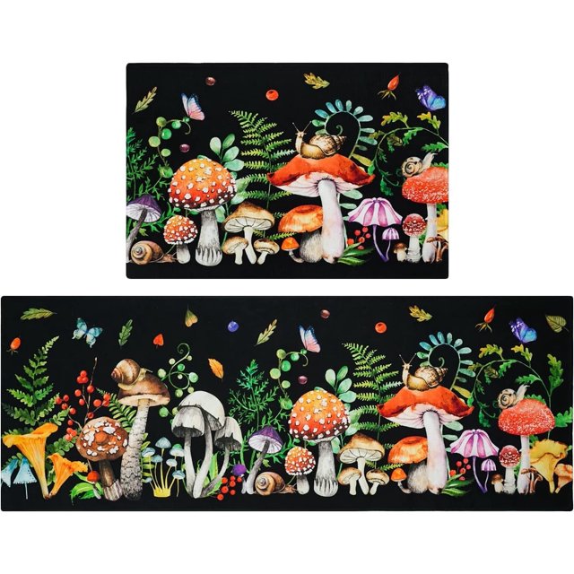 Cute Red Mushroom with Snails Kitchen Rugs and Mats 2 Pieces, Non Slip Cushioned Mat Runner Rug Doormat for Boho Kitchen,Sink, Laundry, Bathroom, Home Decor, 17x24+17x48inch