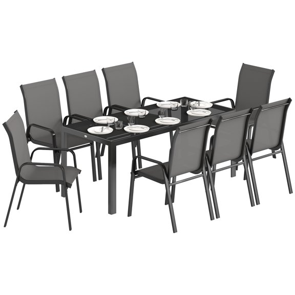 Outsunny Ensemble de Salle à Manger de Patio 9 Pcs Table de Patio et Chaises Empilables, Gris Foncé
