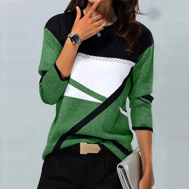 Jsaierl 2024 Automne Hauts à Manches Longues pour Femmes Col Rond Confortables T-Shirts Graphiques Géométriques Tendance Chemises Amples Décontractées Habillées Blouses de Travail