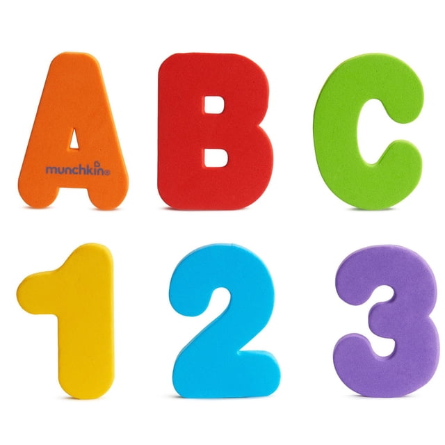 Munchkin Learn™ Bath Letters & Numbers set with six foam pieces: orange letter A with Munchkin logo, red B, green C, yellow 1, blue 2, and purple 3, made of soft, durable, non-toxic foam for safe infant bath play and learning.