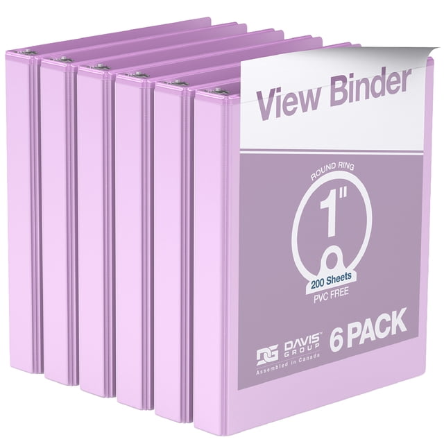 Davis Group Economy 3-Ring View Binders, 1" Round Rings, 225 Capacity, Lavender, Pack of 6