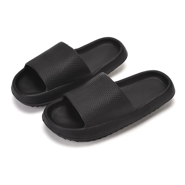 Woman Massage Shower Bathroom Open Toe Super Thick Sole Sandals in black, made from soft EVA material for comfort and durability. These waterproof slippers feature a textured open-toe design, a flat 3cm sole, and a round toe style. Ideal for indoor and outdoor use, including bathrooms, bedrooms, and beaches.