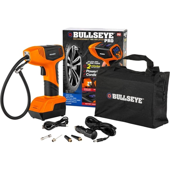 Gonfleur de pneus sans fil rechargeable Bullseye Pro 150 PSI orange pompe à air numérique avec lumière DEL arrêt automatique et pile 1500mAh