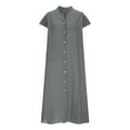 thumbnail image 2 of biudgviw Robe Femme en Coton et Lin à Col en V à Manches Courtes Boutonnée Robe Midi d'Été Décontractée avec Poche, 2 of 6