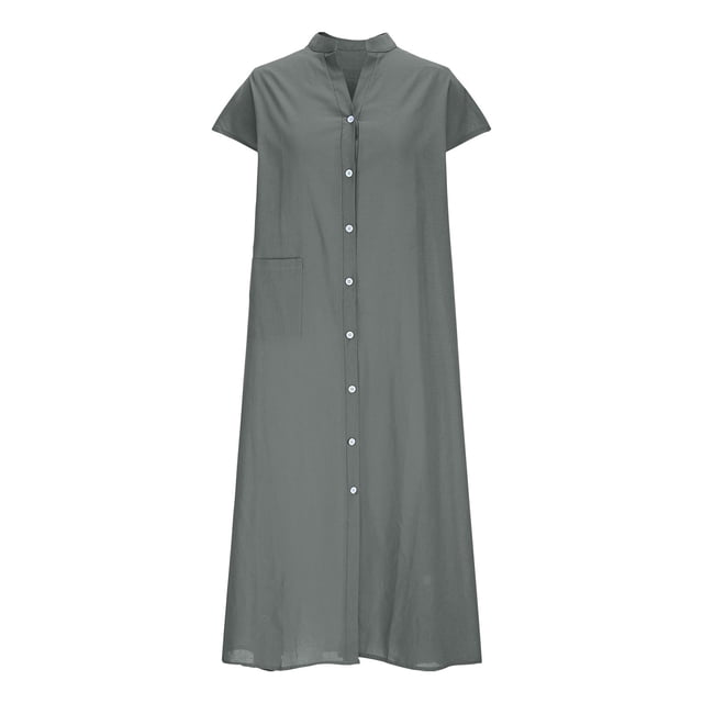 Ovzne Robes pour Femmes Robe pour Femme Mode Femmes Été Boutonnée Décontractée Unie Col en V Manches Courtes Robe Femmes Liquidation