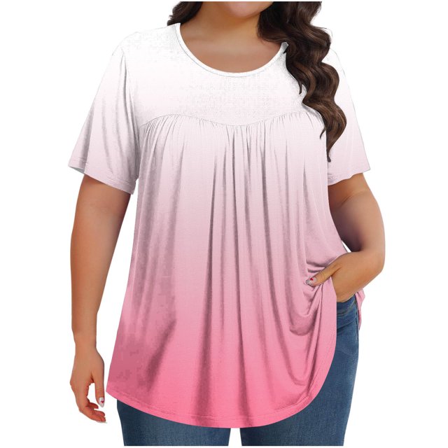 Olyvenn Hauts Grande Taille pour Femmes, devant Plissé, Col Ras du Cou, Manches Courtes, Chemisiers Dégradés, Tuniques d'Été 2025, Chandails Fluides, T-Shirts Roses, TTTTG