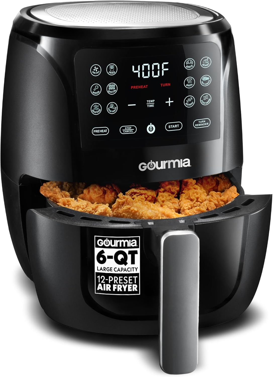 Gourmia Four Friteuse à Air Chaud de 6 Qt, 12 Préréglages, Affichage Numérique, FryForce 360°, Noir