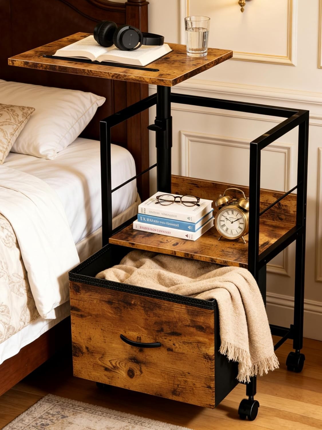 Swivel Lift Top Nightstand, 2-Tier 360° Adjustable Bedside Table, Rolling Night Stand with Wheels, Small End Table with Fabric Drawer, for Bedroom, Living Room, Rustic Brown