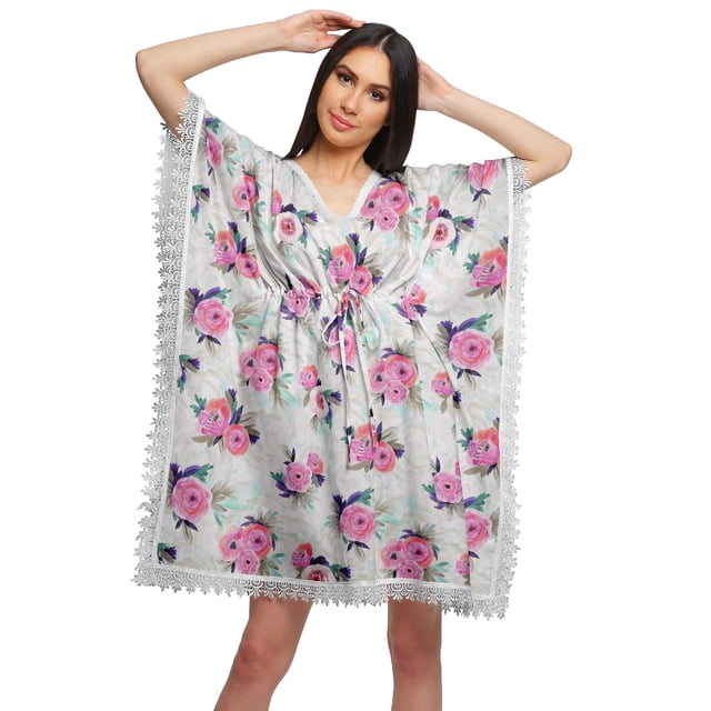 Moomaya Robe Courte de Caftan de Plage, Robe de Couverture Imprimée, Kaftan pour Femmes, Tenue de Plage, Couverture