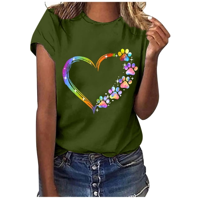 KIHOUT Mode Femmes Été Ample Imprimé T-Shirt à Col Rond Manches Courtes Blouse Décontractée, Taille P-3TG