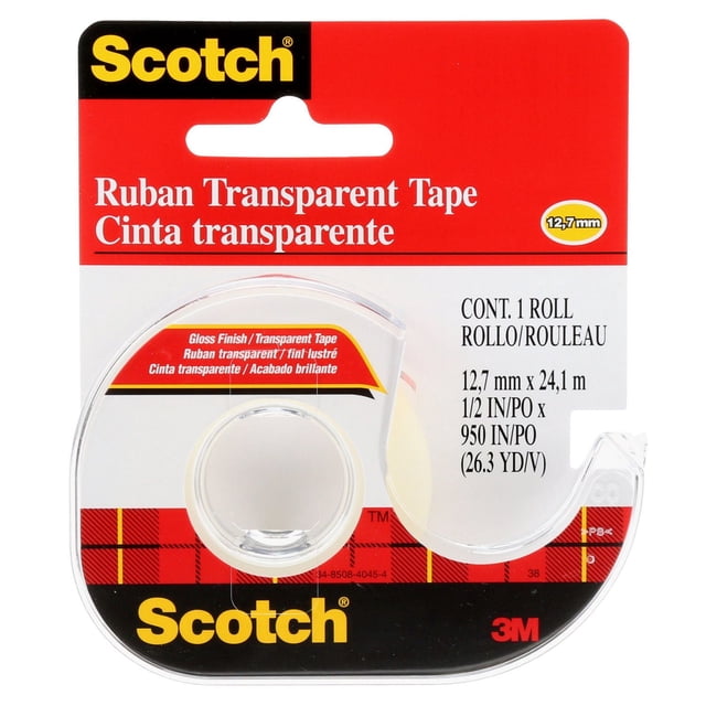 Scotch transparent tape roll in a clear plastic dispenser with red, white, and black label and yellow Scotch logo, measuring 12.7 mm by 24.1 m, ideal for desk adhesive tape and general office supplies use.