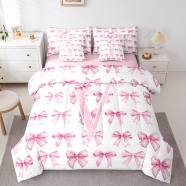 Erosebridal Ensemble de Lit Monogrammé en V Format Grand, Ensemble de Lit Nœud Mignon, Literie Rose et Blanche Format Grand, Microfibre Décoratif pour la Chambre Réversible, 7 Pcs