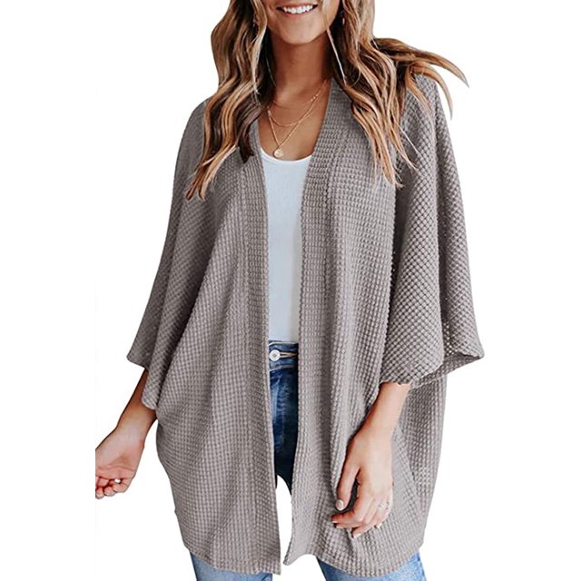 LinYooLi Kimono pour Femmes Ouvert devant Cardigan en Maille Gaufrée Pull Uni Manches Chauve-Souris Col Châle Cape Douce et Décontractée