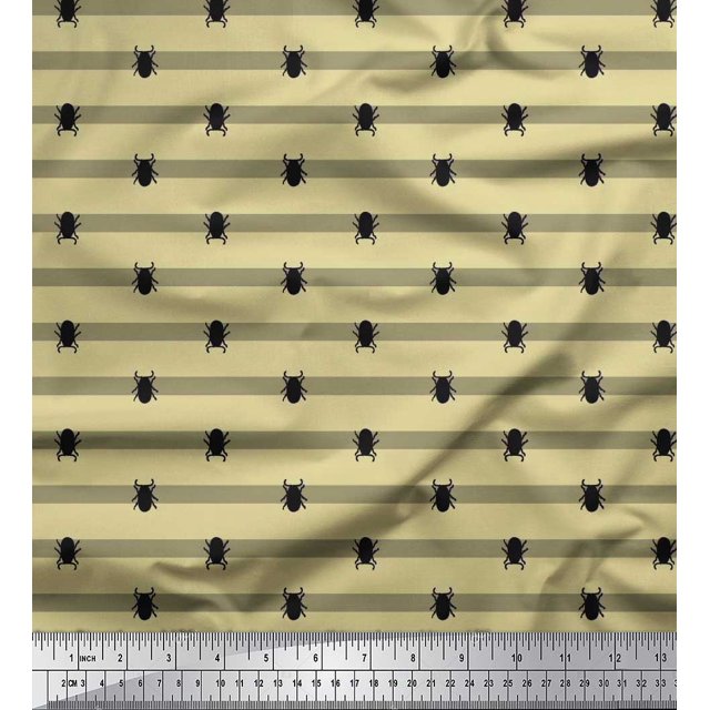 Soimoi Tissu Crêpe polyester Beige à Rayures et Imprimé Insectes Coléoptères au Mètre 52 Pouces de Large