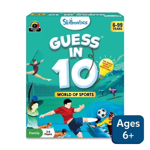 Skillmatics Guess in 10: World Of Sports / Jeu de Cartes-Questionnaires (6 Ans et +) Boîte de Jeu Rectangulaire Orientée vers l'Avant Montrant le logo Skillmatics et l'Appel « 300+ Faits Amusants » Imprimé, avec Plusieurs Cartes à Thème Sportif Illustrées Éventées à Côté; un Jeu de Cartes-Questionnaires Familial Axé sur les Questions, Souvent Utilisé pour Pratiquer des Questions Déductives et un Rappel Sportif Rapide.