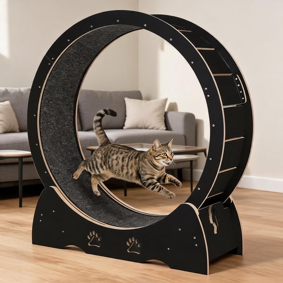 Roue d'Exercice pour Chat de 43,3”, Tapis Roulant de Course en Bois pour Chat avec Piste Tapisée pour Chats d'Intérieur, Roue pour Chat à Faible Bruit avec Tapis Amovible pour l'Entraînement à la Course et à la Marche des Minous, Noir
