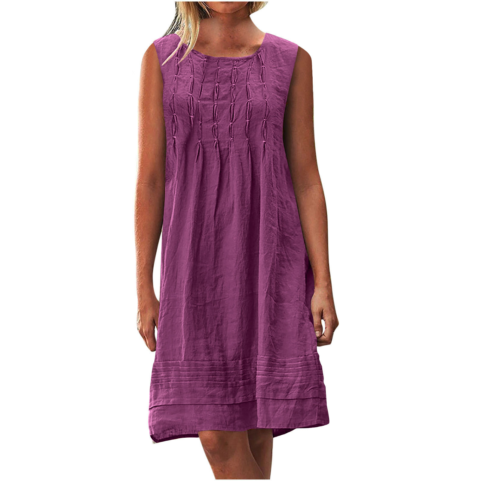 Robes de Travail pour Femmes 2025 en Liquidation Robe en Coton et Lin pour Femmes Robes d'Été Plissées Sans Manches Robe de Plage Décontractée Mini Robe 2025 Nouvelles Roses