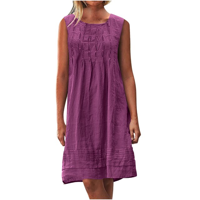 Robes de Travail pour Femmes 2025 en Liquidation Robe en Coton et Lin pour Femmes Robes d'Été Plissées Sans Manches Robe de Plage Décontractée Mini Robe 2025 Nouvelles Roses