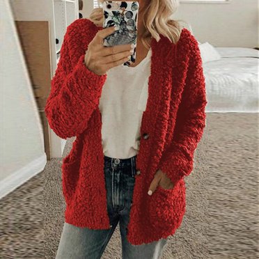 TIMIFIS Cardigan en Molleton à devant Ouvert pour Femmes, Boutonné, Manches Longues, Cardigan en Tricot Polaire Ouvert, Manteau Chandail, Vestes de Printemps Automne, Vêtements d'Extérieur - Rouge Automne/hiver
